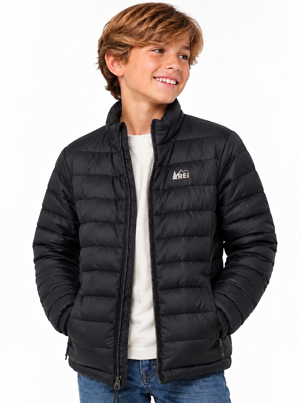 REI Kids Black Puffer Jacket Size Large Lightweight Quilted Full Zip